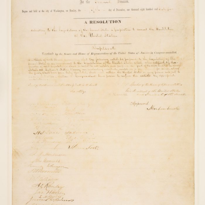 This rare copy of the 13th Amendment which abolished slavery in the USA is to be sold next week for more than £2 MILLION. See SWNS story SWSLAVERY; The amendment, signed by President Abraham Lincoln, is regarded as one of the most important documents in American history. Lincoln signed it on February 1, 1865 and declared the amendment as "a king's cure for all the evils". The original historic document, which was held by the senate, is one of just 13 signed by the President, his Vice President, Speaker of the House Colfax and 36 senators.
