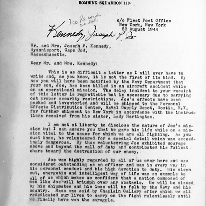 The letter which was sent to the Kennedy family informing them of the death of Joe Kennedy Jr. See SWNS story SWESTATE: A historic English coastal estate with tragic links to the Kennedy dynasty has been put on the market for £16 million. The Blythburgh Estate is set in an Area of Outstanding Natural Beauty and has a nature reserve designated as a Site of Special Scientific Interest. But it is also the location where the eldest Kennedy son, Joe Kennedy Jr, died in 1944 while carrying out a top secret US Air Force mission during World War Two. Kennedy, who was two years older than brother John and destined to beat his sibling to the White House, was taking part in Operation Anvil where they planned to bomb the Nazis over Normandy.